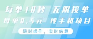 纯手机操作项目,每单耗时10秒,无限接单,单笔收益0.5元,支持24小时随时操做-聊项目