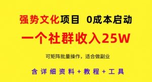 强势文化项目，一个社群收入25个W，0成本启动，可矩阵批量操作，原创详细实操教程-聊项目