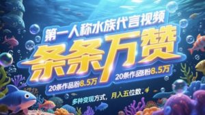 第一人称水族代言视频，条条万赞，20条作品涨粉7.8W，多种变现方式月入五位数-聊项目
