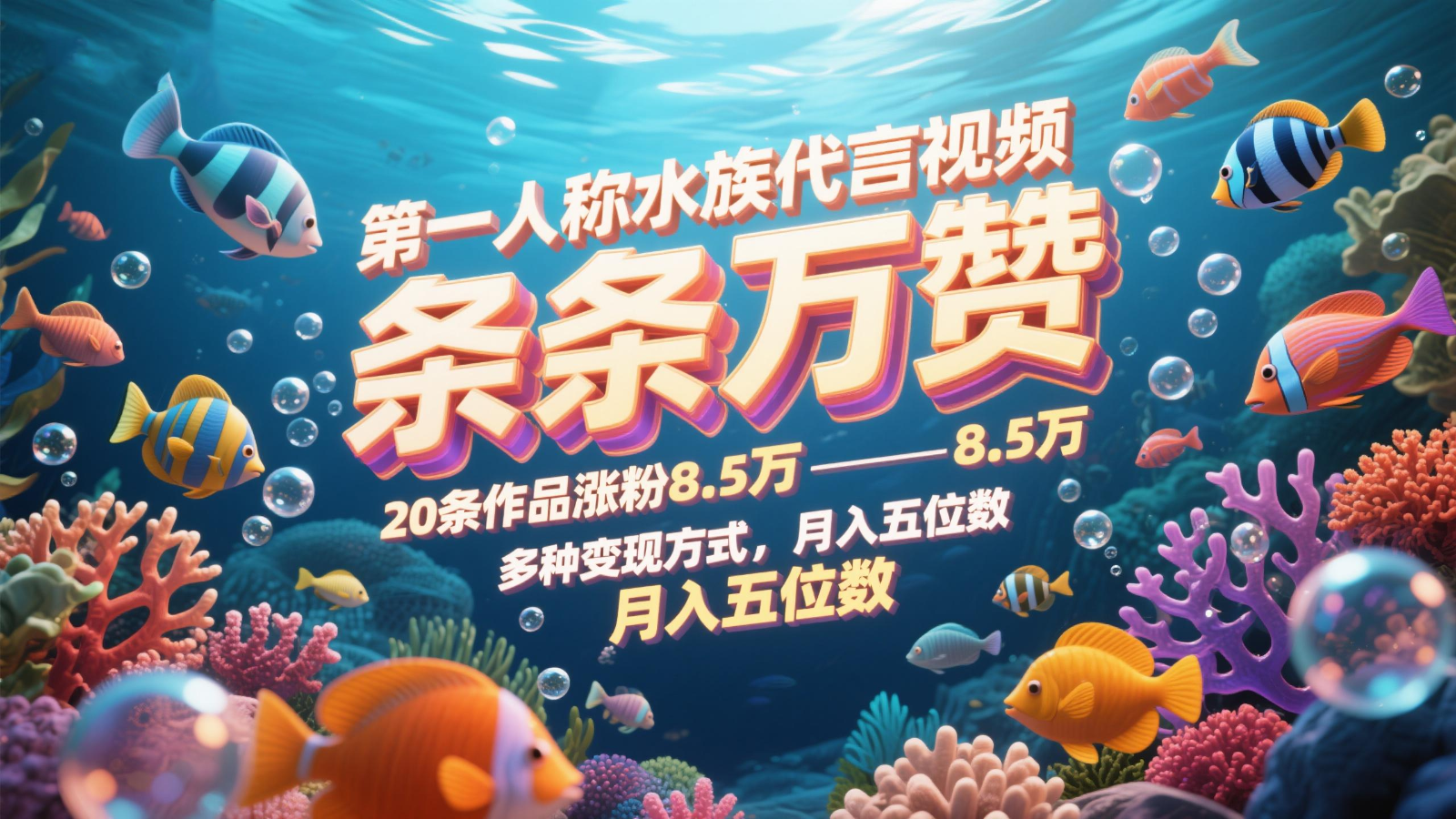 第一人称水族代言视频，条条万赞，20条作品涨粉8.5万，多种变现方式月，入五位数-聊项目