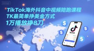 TikTok海外抖音中视频陪跑课程,TK最简单挣美金方式,1万播放挣8刀-聊项目
