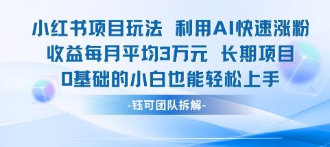 适合小白操作的小红书新项目，利用AI快速涨粉，收益每月平均1W+-聊项目