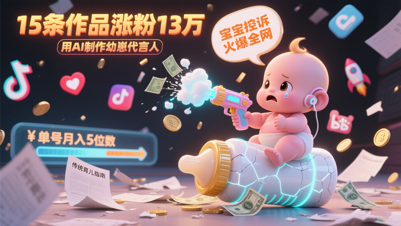 用AI制作幼崽代言人，宝宝的控诉火爆全网，15条作品涨粉13万，单号月入5位数实操教程-聊项目