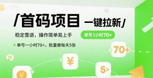 首码一键拉新项目，稳定靠谱，操作简单易上手，单号一小时70+，批量做每天5张【揭秘】-聊项目