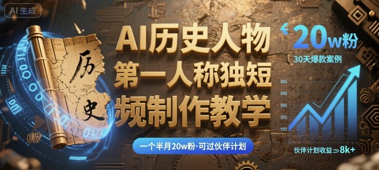 最新AI历史人物第一人称独白短视频制作教学，一个半月20w粉，可过伙伴计划-聊项目