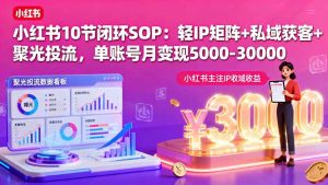 小红书10节闭环SOP：轻IP矩阵+私域获客+聚光投流，单账号月变现5000-30000-聊项目