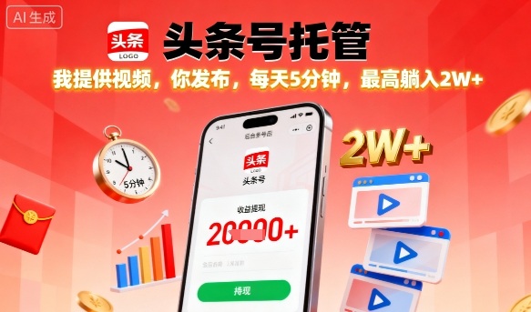 【头条号托管】我提供视频，你发布，每天5分钟，最高躺入2W+【揭秘】-聊项目