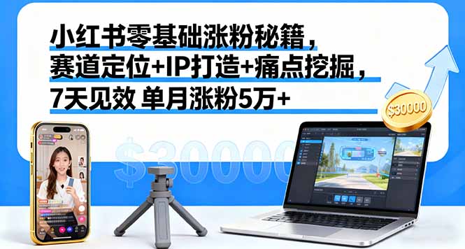 小红书零基础涨粉秘籍，赛道定位+IP打造+痛点挖掘，7天见效 单月涨粉5万+-聊项目