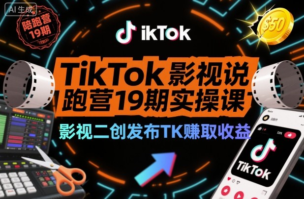 TikTok影视解说陪跑营19期实操课，影视二创发布TK賺取收益，万播收益50美金-聊项目